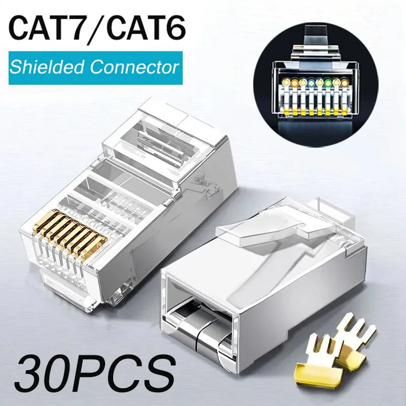 1-30Pcs Pass Through Cat7/Cat6/Cat5 Shielded Connectors RJ45 Plugs Crystal End Gold-Plated 8P8C Crimp UTP Ethernet Modular Plug