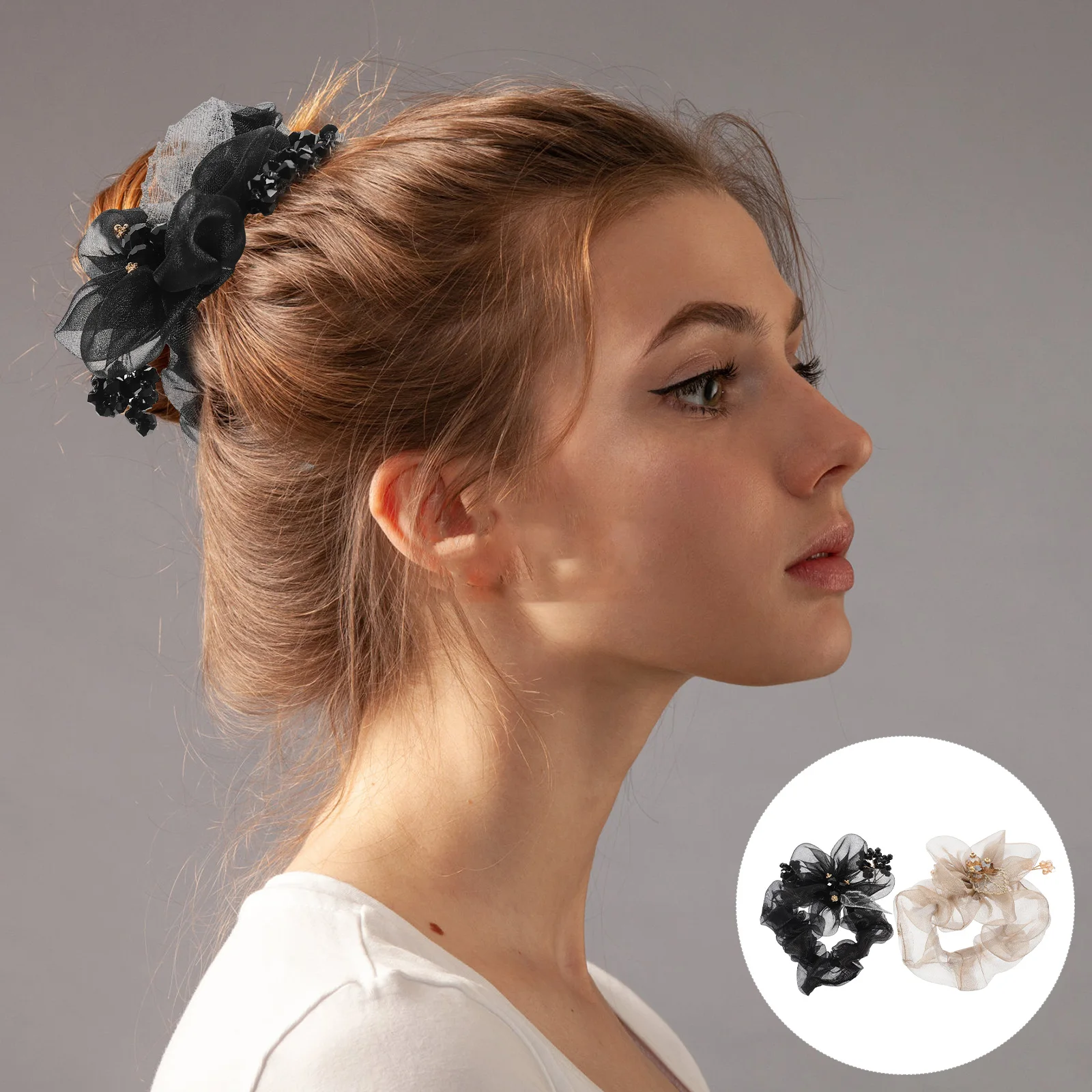 

2Pcs Elastic Bun Holder Organza Scrunchies Black Women Girls Hair Bands Large Girls Hair Tie Accessories