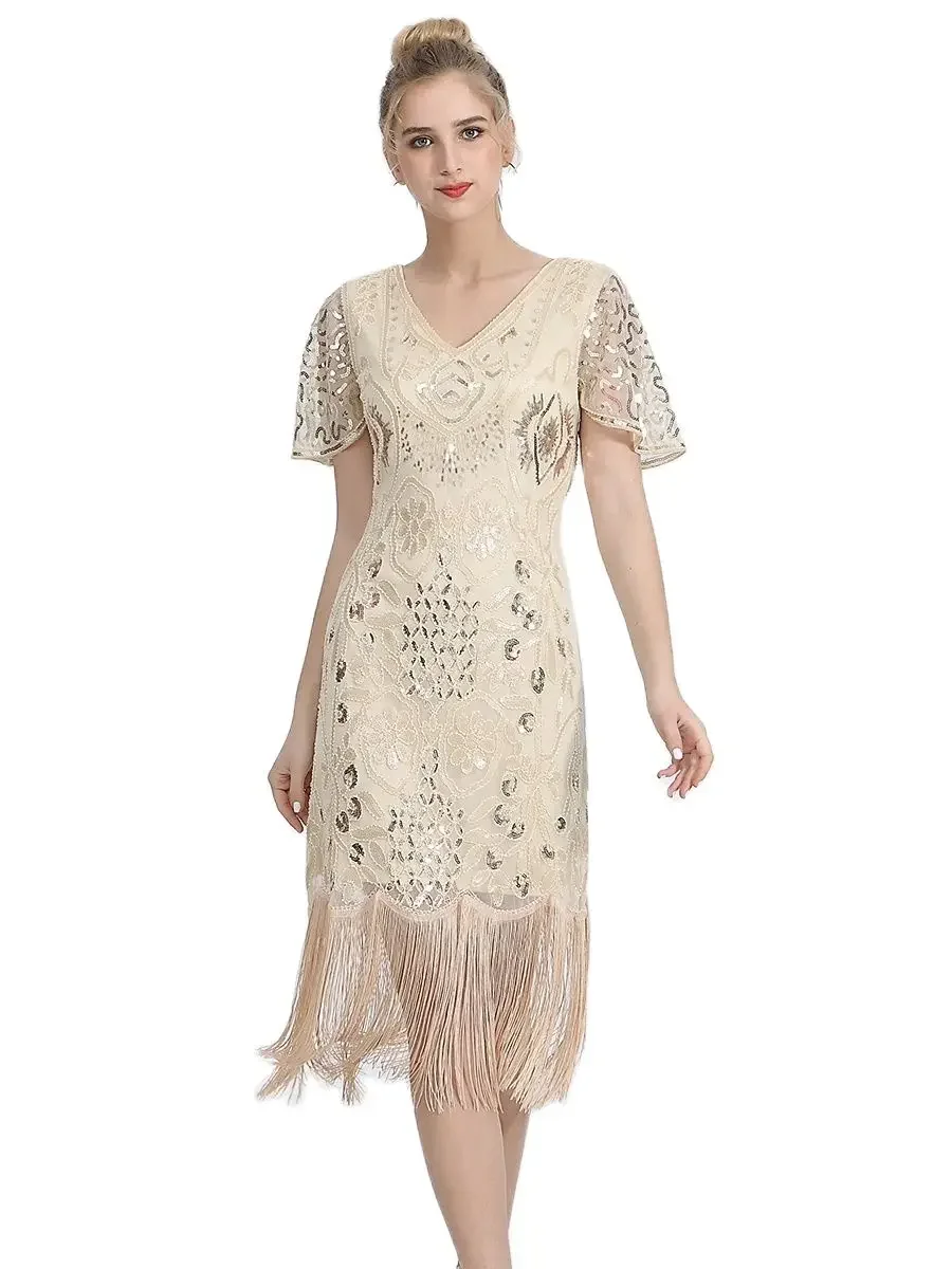 

Fringe Dress V-Neck Petal Sleeve Embroidery Midi Dress Large Size 4XL 1920s Flapper Dress Sequin Party Outfit