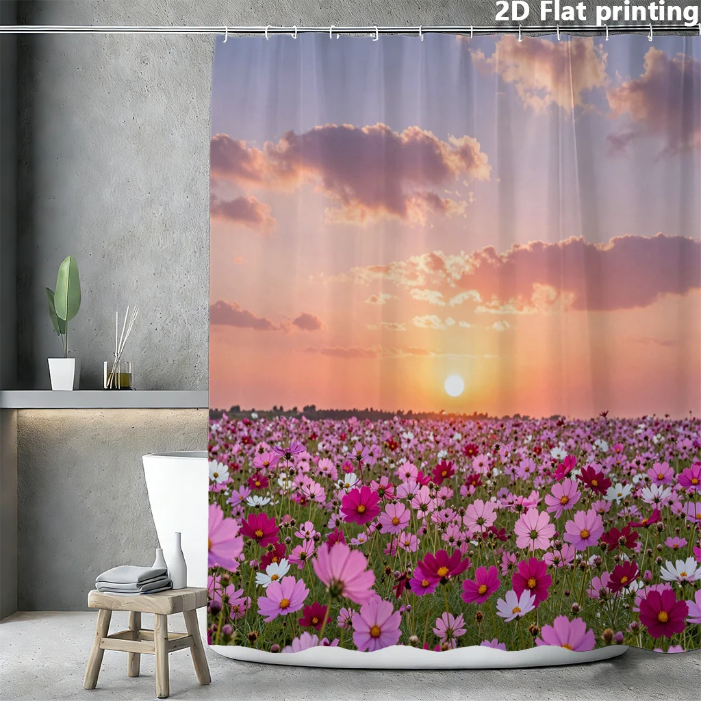 Stylized Floral Field Illustration Shower Curtain – Soft Pink & Lavender Blooms, Polyester, 12 Grommets, Machine Washable