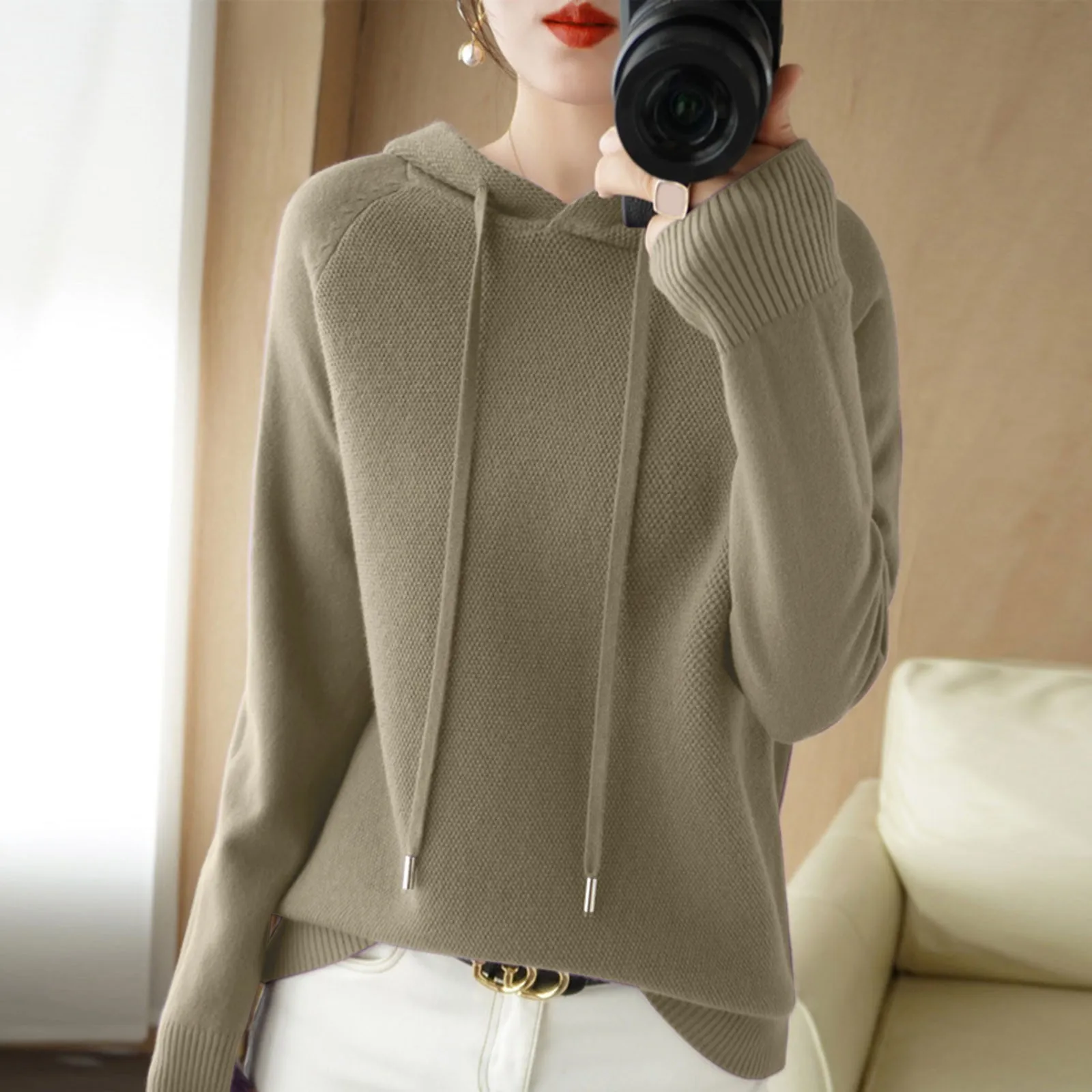 Ladies Sweater Women Knit Hooded Pullover Casual Solid Color Bottoming Shirt Knitted Sweatshirt Long Sleeved Tops Sweatshirts