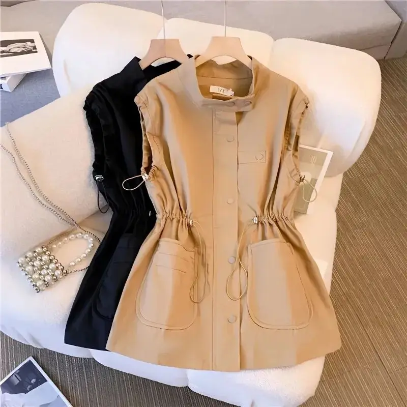 

2024 Spring Summer New Vest Korean Loose Casual Vests Female Pockets Tooling Waistcoat Women Black Khaki Sleeveless Coat Outwear