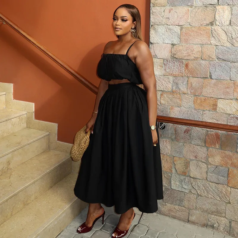 Trend Solid Color Women's Random A-line Strapless. Clothes Set Holiday Off-shoulder Sleeveless Long Two-piece Outfit Maxi