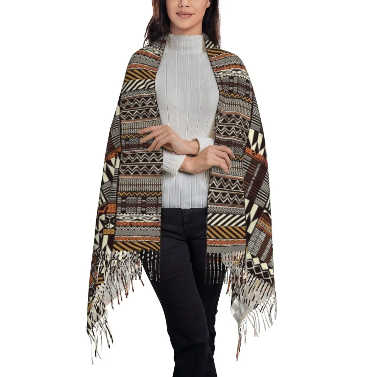 Native Tribal African Style Fabric Patchwork Scarf Tassel Scarves Women Soft Warm Shawls and Wraps Long Fall Winter Shawl Wrap