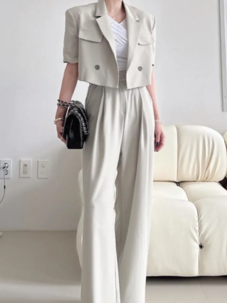 

Chic Vintage Lapel Loose Single Button ort Suit Jaet High Waist Wide Leg Pants Two Piece Set Ele Women's Faion
