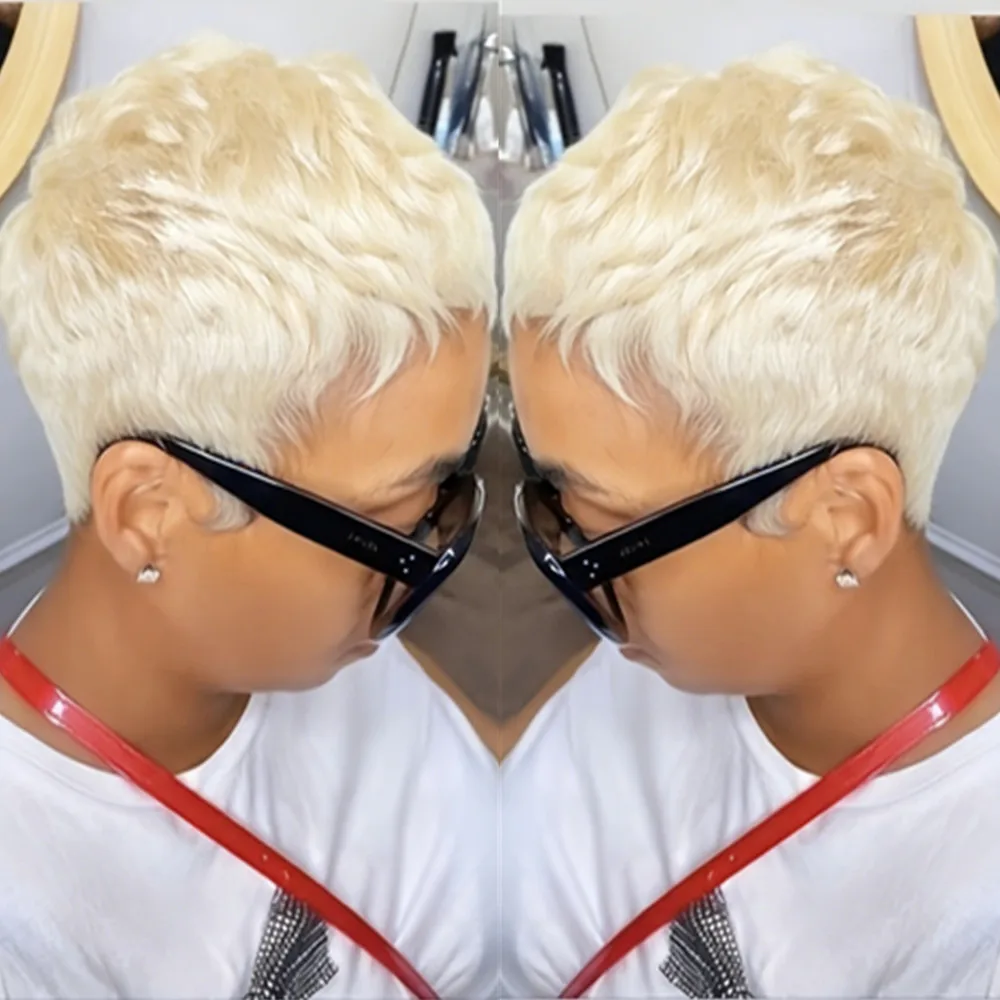 

60 блондин, 4 дюйма, короткие волнистые парики из натуральных волос, машинный парик, 150% плотность, стрижка пикси, парик из человеческих волос, ежедневное использование