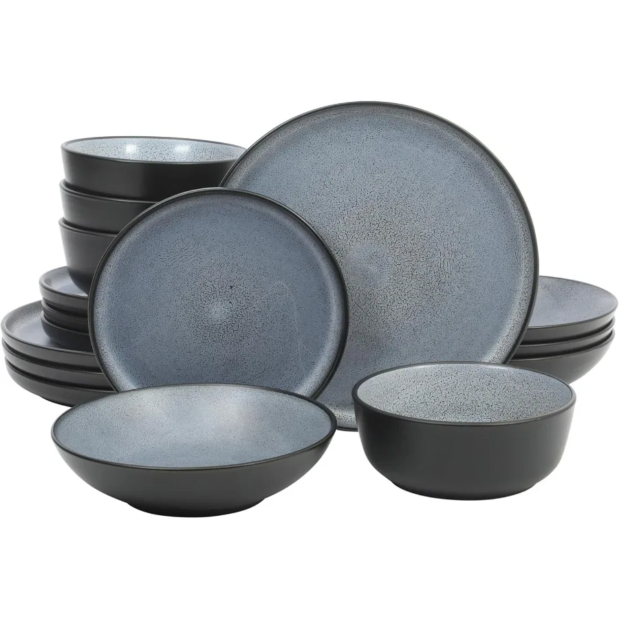 

Tribeca Loft 16Piece Dinnerware Set Matte Black and Blue Reactive Glaze Stoneware Double Bowl Round Plates and Bowls Modern Rus
