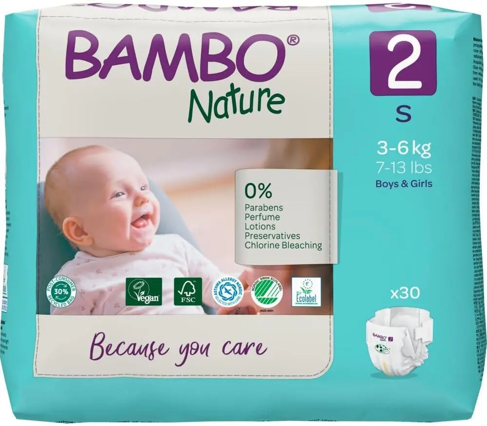 

Hypoallergenic Baby Diapers, Eco-Labeled Diapers, Enhanced Leakage Protection, Totally Chlorine-Free, Skin Friendly, and Super Absorbent - Size 2 (30 Count)