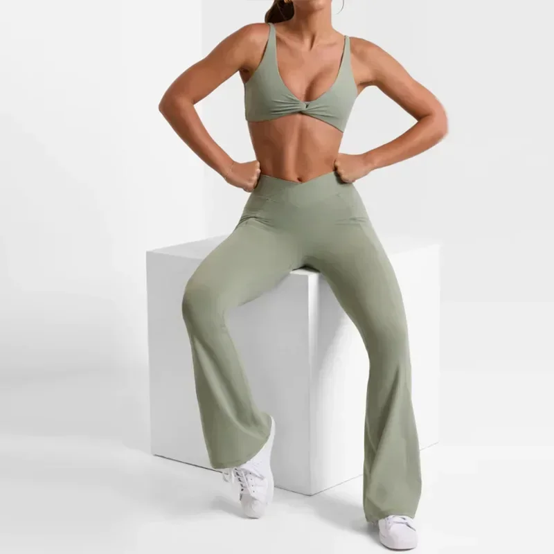 Women's New Fitness Suit Yoga Bell Bottoms Bra Two-piece Wide Leg High Waist Hip.