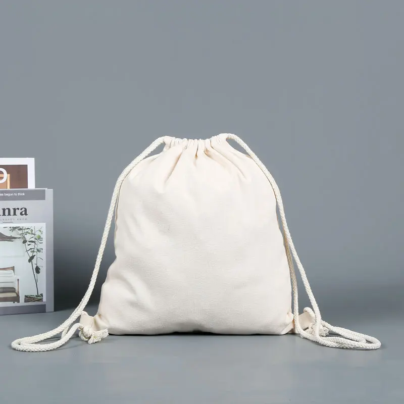 Drawstring Canvas bag Backpack Shoulders Bundle Pockets Shopping Student Bag Cotton Pouch for Gym Traveling Storage Bag