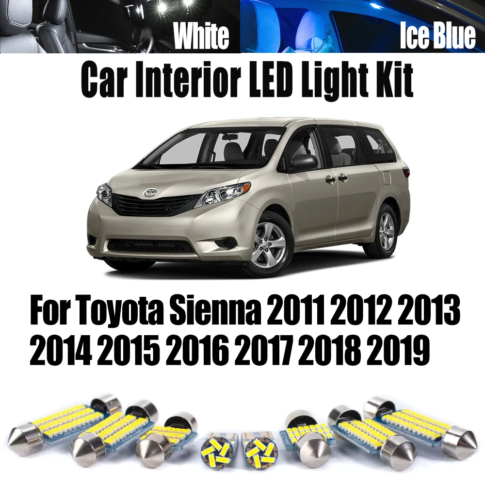 

13 шт. для Toyota Sienna 2011 2012 2013 2014 2015 2016 2017 2018 2019 лампы для чтения Canbus светодиодный комплект внутреннего освещения с картой купола багажника