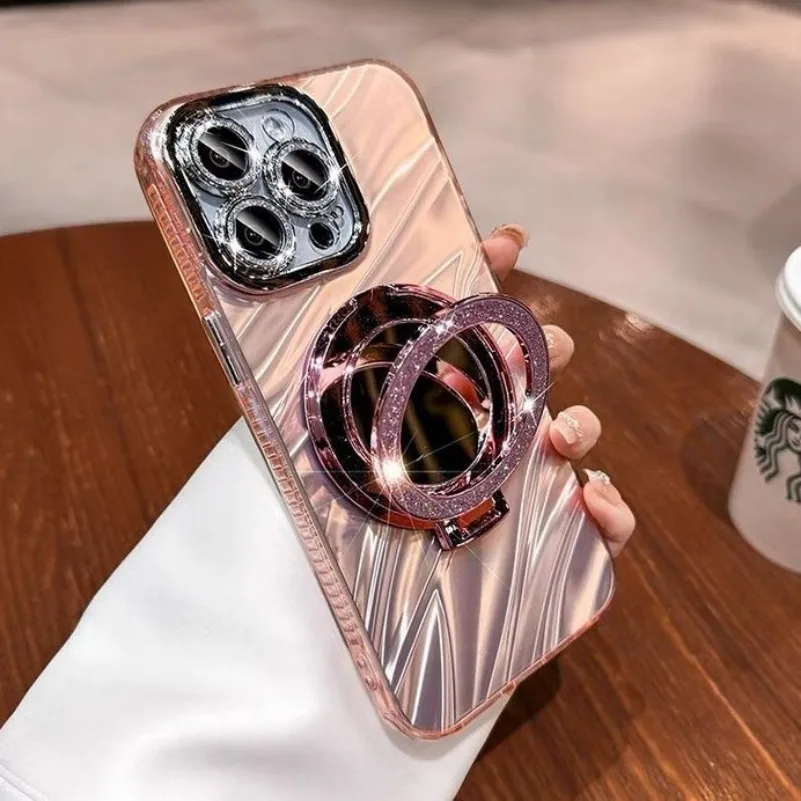 Luxury Mirror Magnetic Holder Phone Case For iPhone 11 12 13 14 Pro 15 Pro Max Plus Magsafe Water Ripple Shockroof Glitter Cover