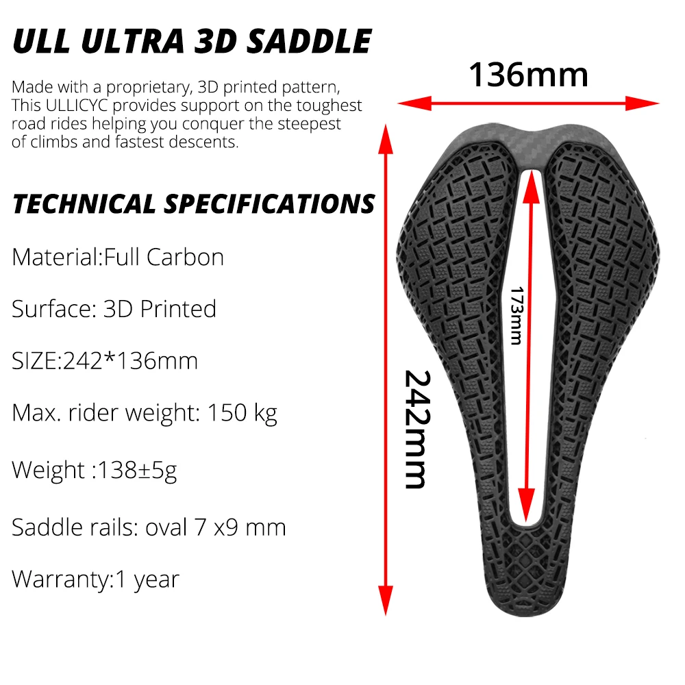 3D-gedruckter Waben-Fahrradsattel, hohl, bequem, atmungsaktiv, Vollcarbon-Schale, MTB/Straßenrennrad, Fahrradsitz, 136 x 242 mm – Detail 6