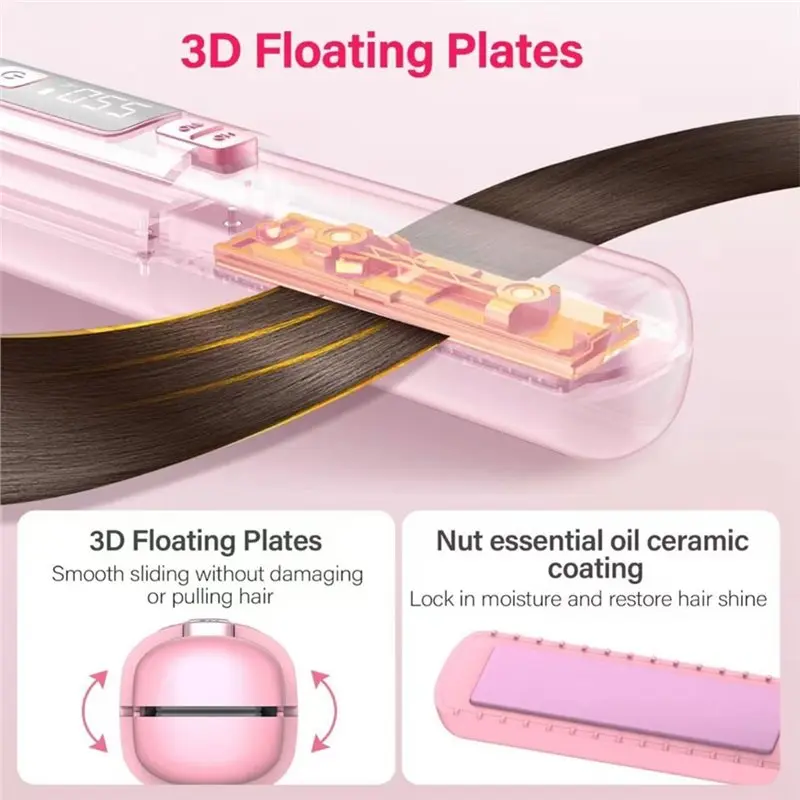 A83G-Cordless Hair Straightener And Curler 2 In 1, USB Rechargeable With 4500Mah Battery, 10S Fast Heating, Pink