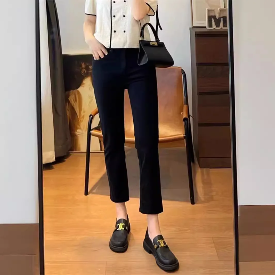 

Черные прямые укороченные джинсы женские, весенняя новинка, для миниатюрных женщин, с высокой талией, для работы, стройнящие, универсальные, эластичные, зауженные брюки-сигареты