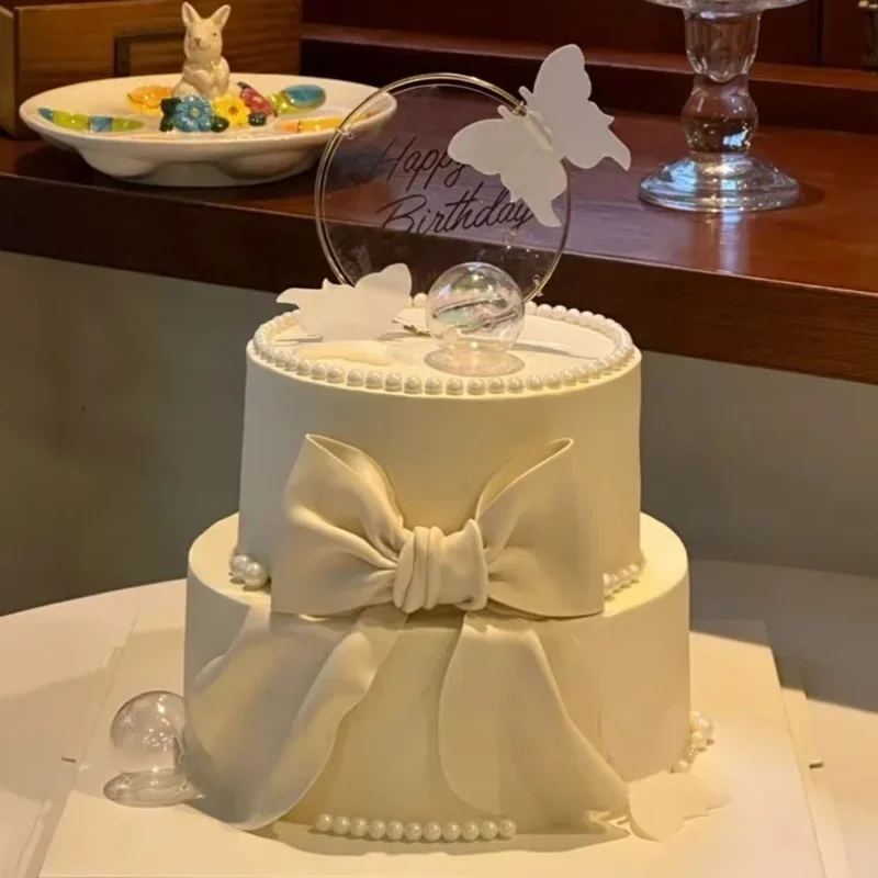 Double Layer Bow Simulation Birthday Cake Model Ornaments Fake Cake Mold Plastic Decoration Window Sample Display Shooting Props