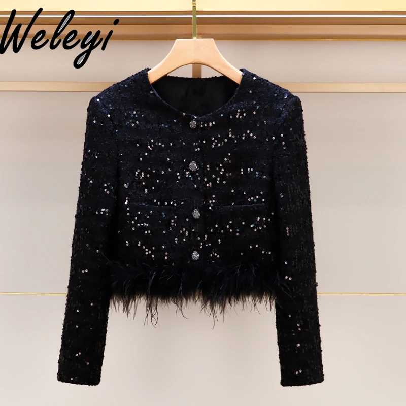 Kawaii French New Women's Tops Autumn Winter Fashion Versatile Suit Heavy Industry Sequins Short Small Fragrant Jacket Cardigan