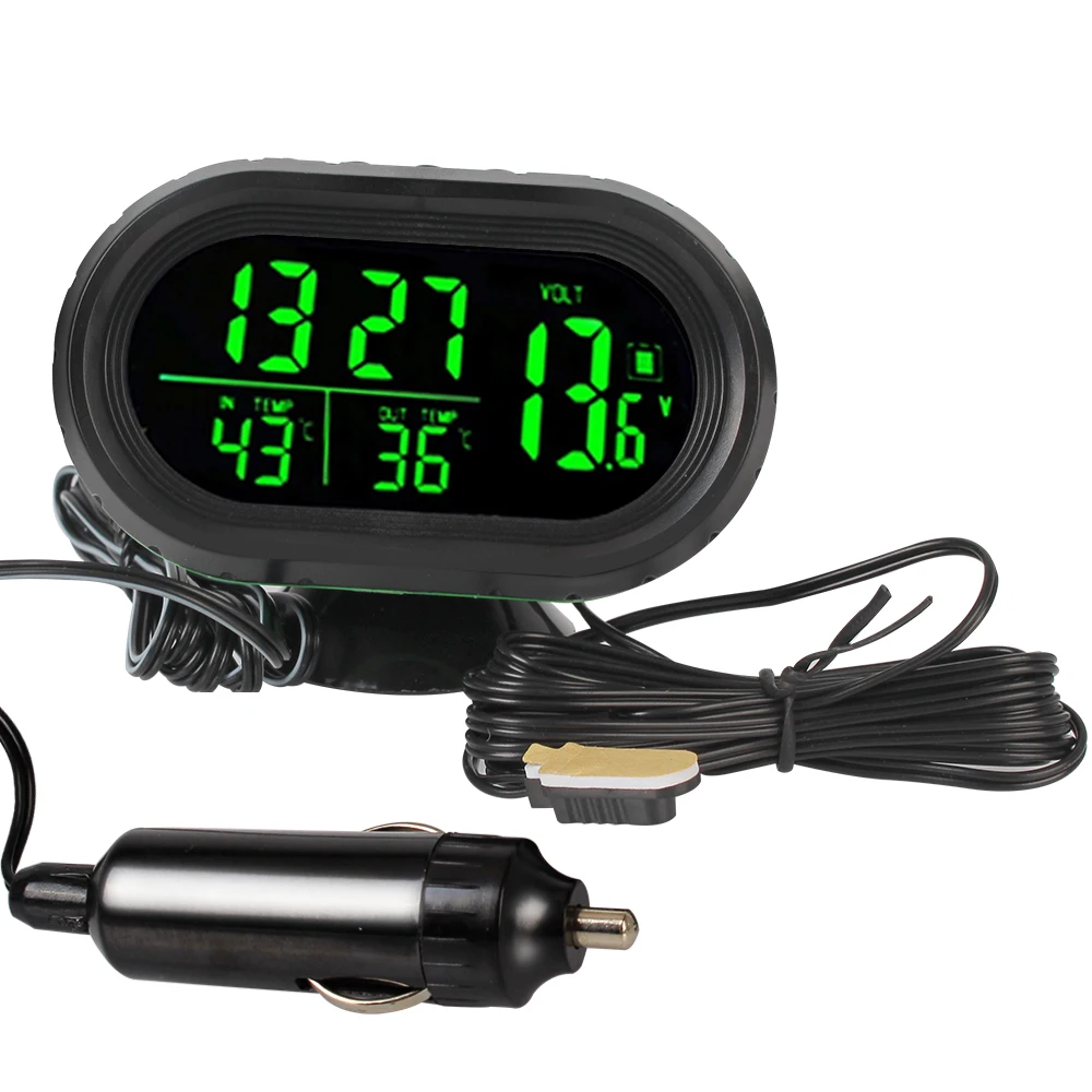 3 IN 1 Thermometer Clock Voltmeter Self-Adhesive Freeze Alert Car LCD Digital Display Clock Car Ornaments Green Orange Backlight