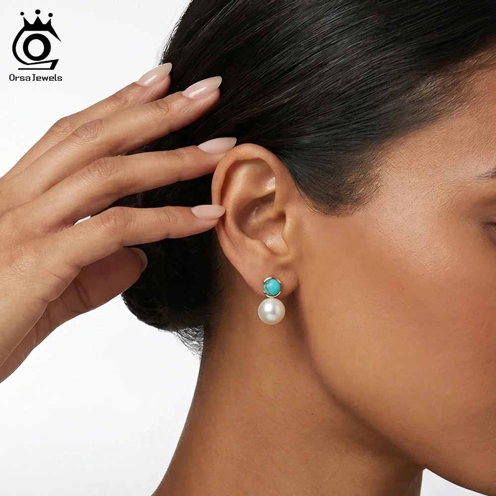 

ORSA JEWELS S925 Silver 4MM Turquoise Earrings with Natural Round Pearl Simple Trendy Party Ear Drop Gemstone Jewelry Gift MPE08