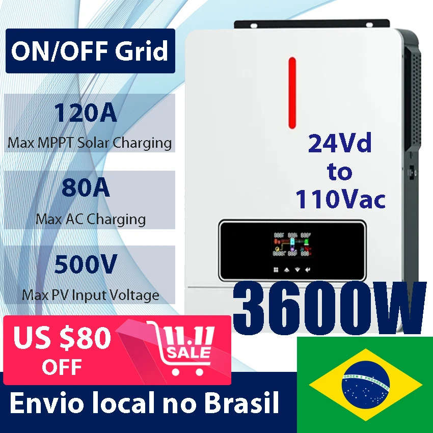 3600W ON/OFF Grid Solar Hybrid Inverter 24V Input 110VAC PV 500V 120A MPPT Controller Dual Ouput Can No Battery Brazil