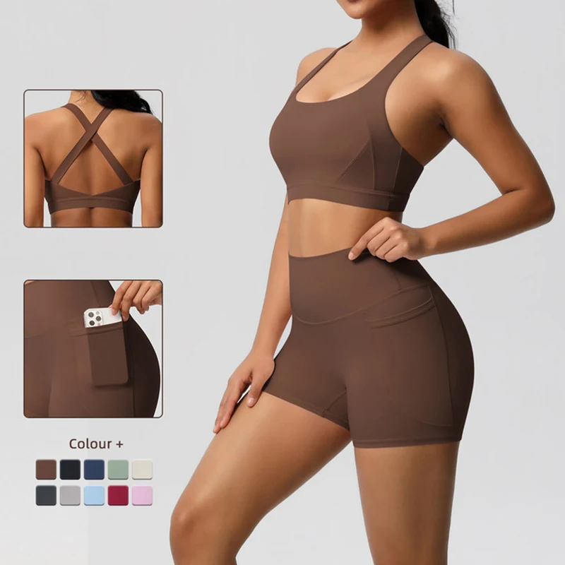 Hamidou 2PCS Sports Gym Yoga Set Women Beautiful Back Cross Straps Sports Bra Female Sportswear Quick-Dry Nude Pockets Shorts