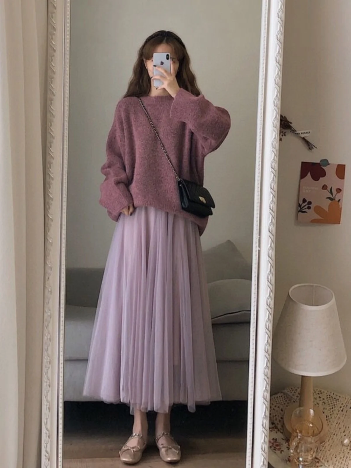 

Faionable Korean Sle Long Sve Sweater High Waist Slimming Midi Skirt Two Piece Set Anti Aging Autumn Winter New Arrival