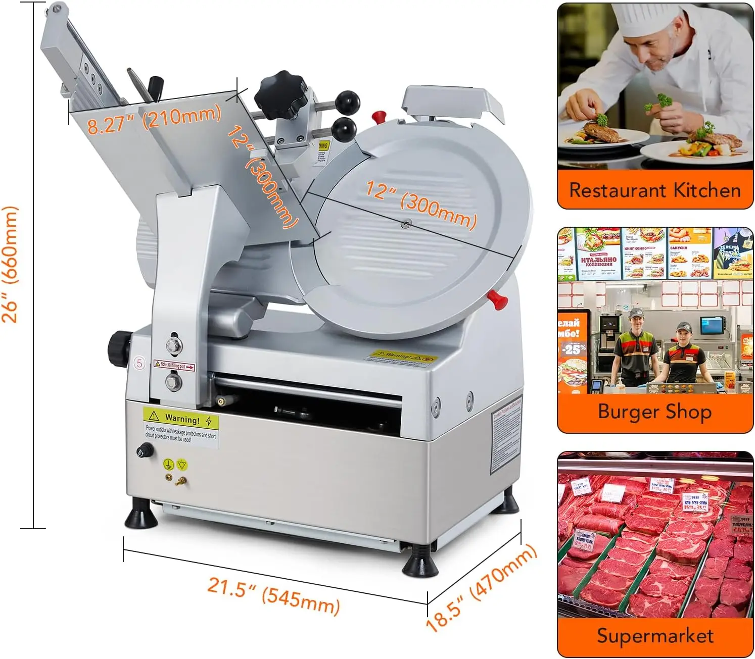 Affettatrice automatica per carne, affettatrice per carne da 550W commerciale con lama in acciaio al carbonio da 12 ", spessore regolabile 0 ~ 14mm, affettatrice per gastronomia