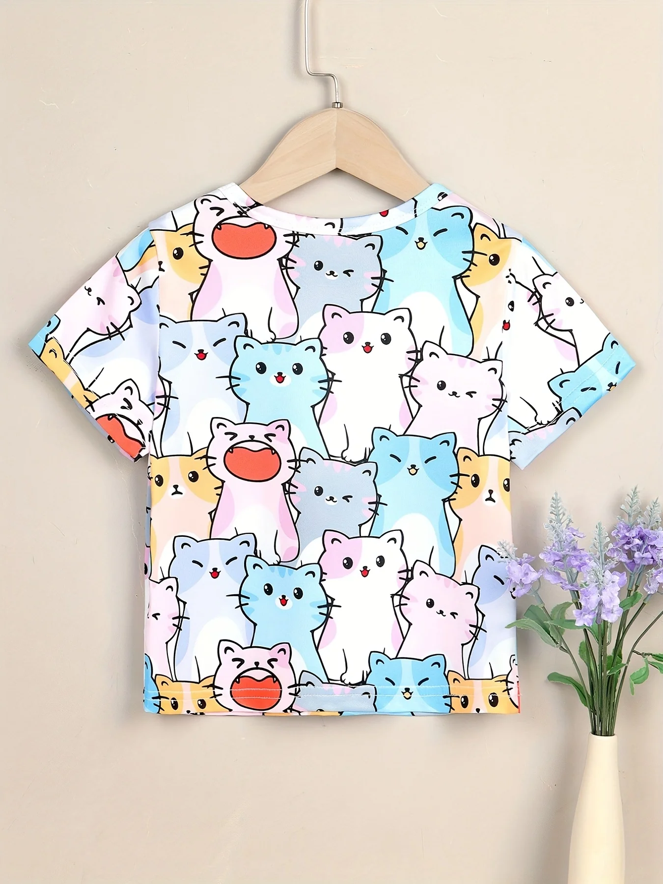 3D printed cute cartoon cat short sleeved comfortable and close fitting casual T-shirt for boys, girls, children's summer knitte