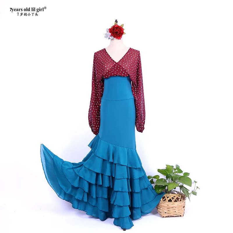 Vestido de prática de dança de flamenco espanhol saia multicamadas mulheres usam rabo de peixe DTT31