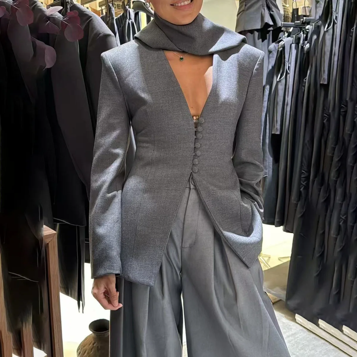 BJTZ المرأة الخريف قطعتين مجموعة السترة شال طوق الخامس الرقبة واحدة الصدر بنطال ذو قصة أرجل واسعة مع جيوب أنيقة قسط عادية