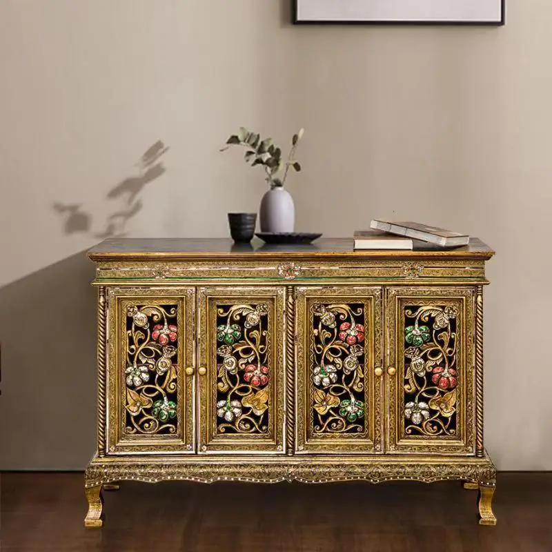Solid wood entrance cabinet, handmade gold foil carved living room decoration living room storage partition cabinet