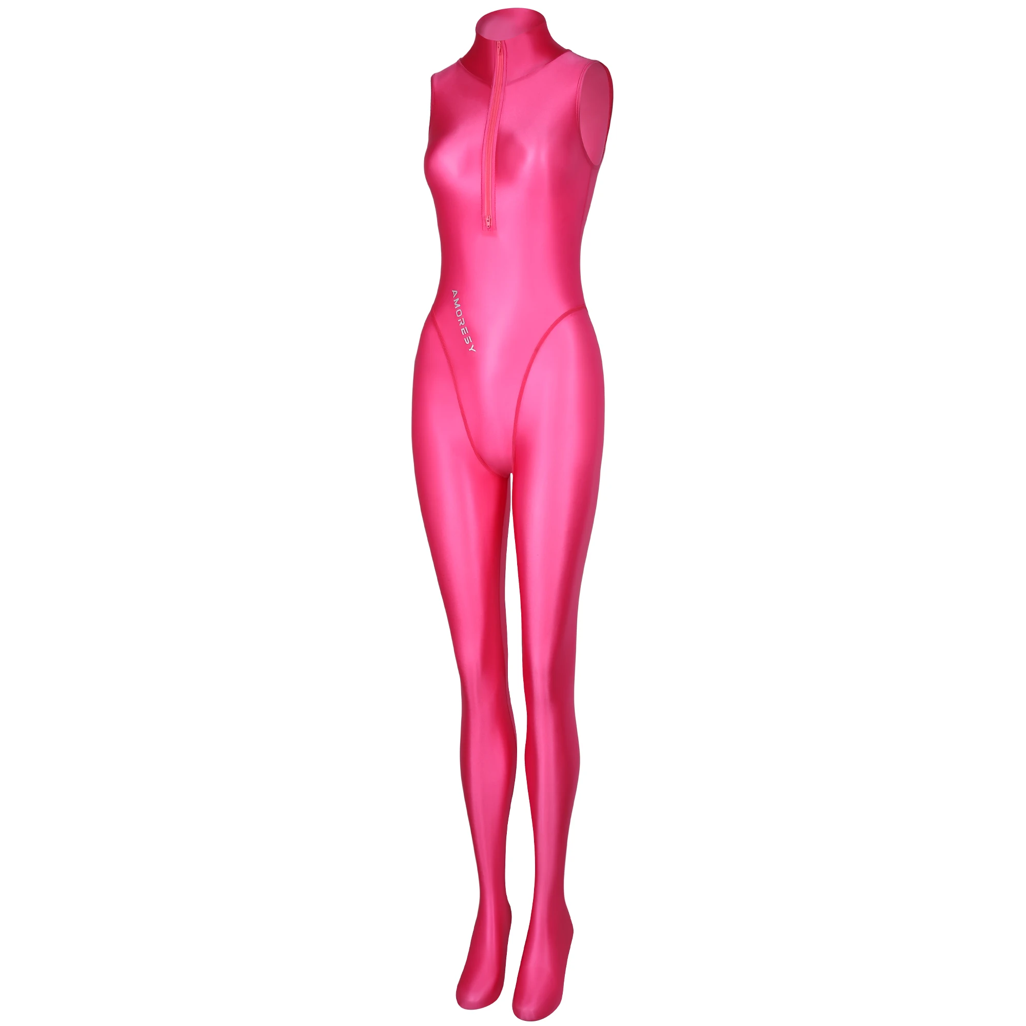 AMORESY dünner, glänzender, ölglatter, bidirektionaler Frontreißverschluss-Jumpsuit, einfarbiger, hochgeschlossener, ärmelloser Badeanzug – Detail 15