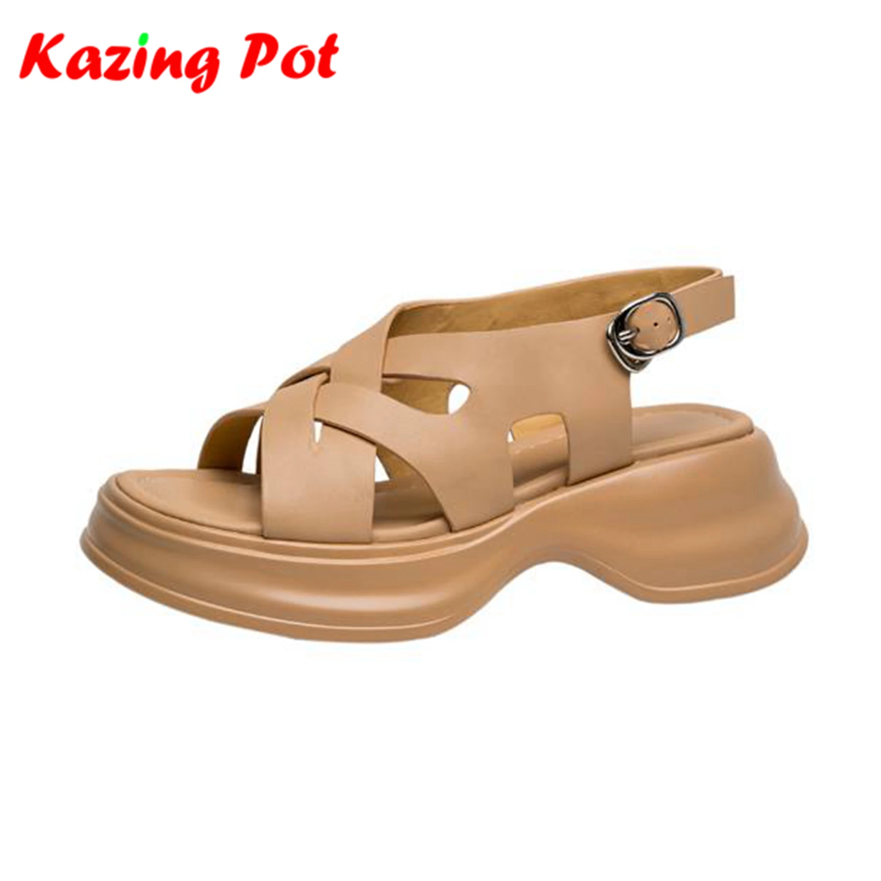 

Krazing Pot 2024 Sheep Leather Buckle Straps Peep Toe Thick Bottom Casual Summer Shoes Platform Street Wear Dating Women Sandals