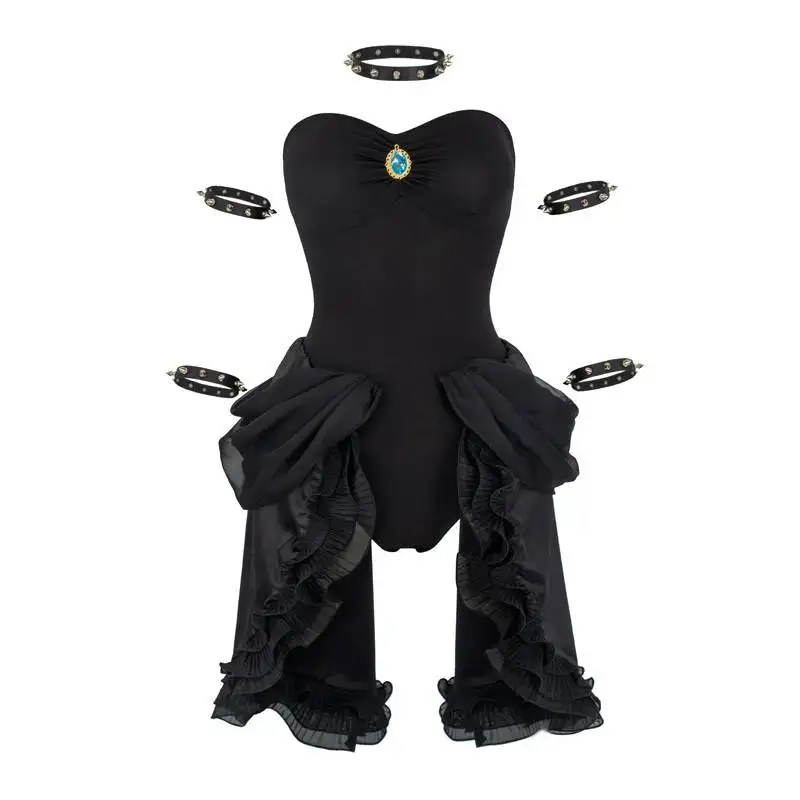 WENAM-Disfraz de Bowsette para mujer, vestido negro con accesorios para fiesta de Halloween, vestido de Cosplay de princesa con corona y cuernos