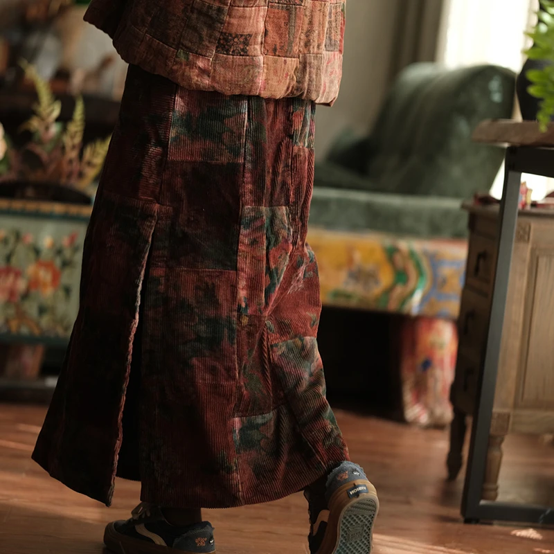 100% 면 코듀로이 캐주얼 스커트 여성 신상품 2025 가을 빈티지 스타일 플로럴 프린트 여성 A라인 롱 스커트 M2033