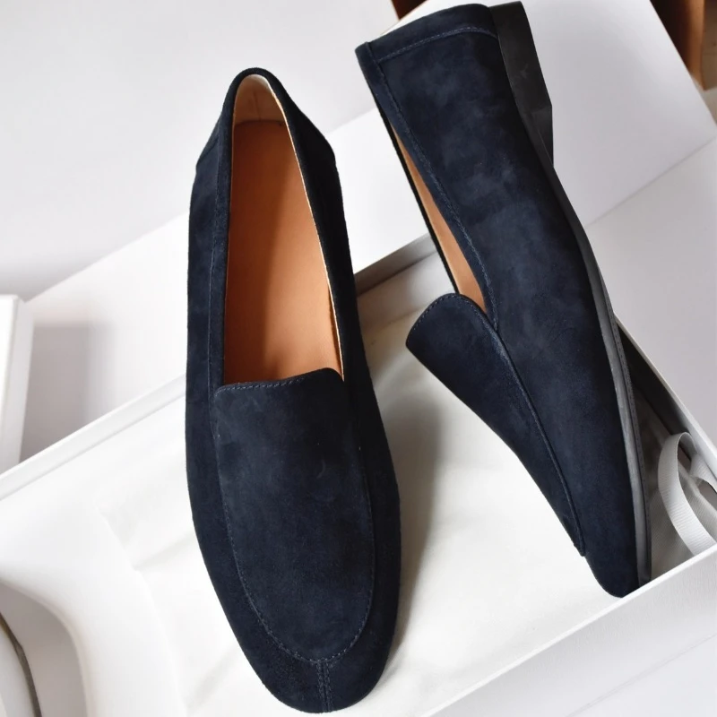 Calf Suede Simple Flat Shoes Black Sheepskin Loafers