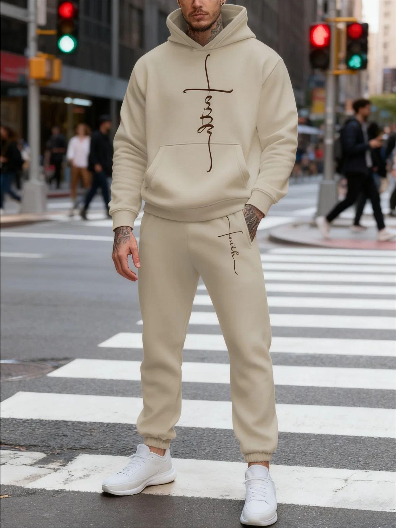 طقم بغطاء للرأس عصري مطبوع رقميًا للرجال مكون من قطعتين