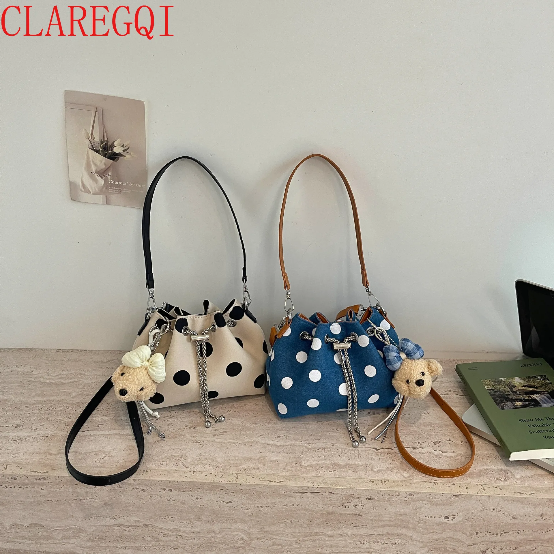 2026 Women's Fashion New Arrival High-End Commute Dot Pattern Canvas Bucket Bag Crossbody Wallet Phone Bag