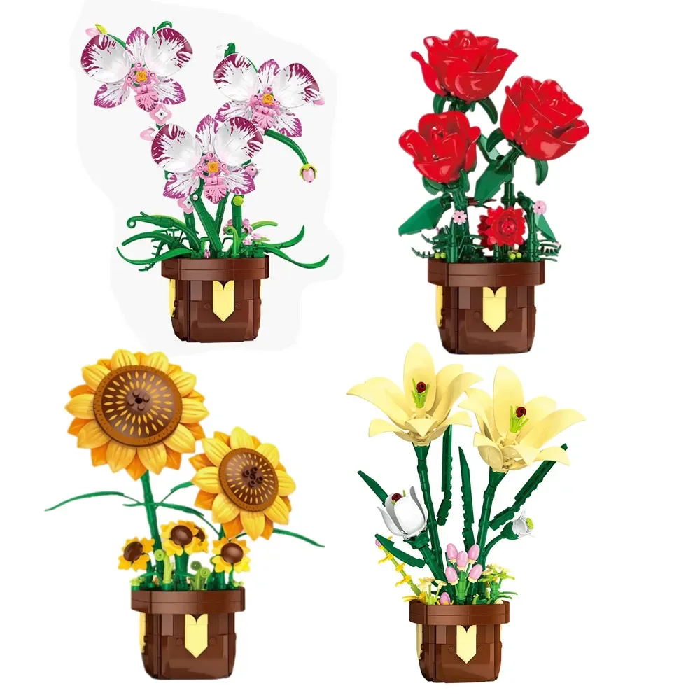 

Flower Bouquet Rose Phalaenopsis Lily Sunflower Potted Plant Building Blocks Decor Bricks Set Toys For Children Christmas Gift