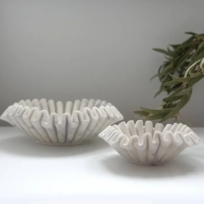 OEM Floral Design Fruit Bowl Customised Natural White Marble Carrara Fluted Marble Bowl