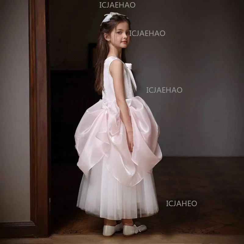 2026 New Pink Childrens Party Dress Bow Sweet Tulle Tutu Formal Gown Kids Girls Princess Birthday Wedding Flower Girl Costume