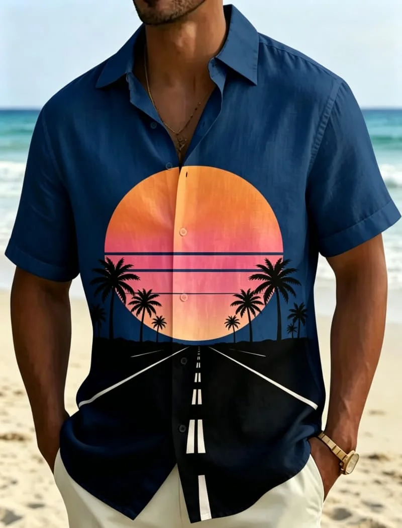 Men's Minimalist Sunset & Ocean Reflection Print Casual Shirt, Breathable Top For Summer Vacation And Daily Wear
