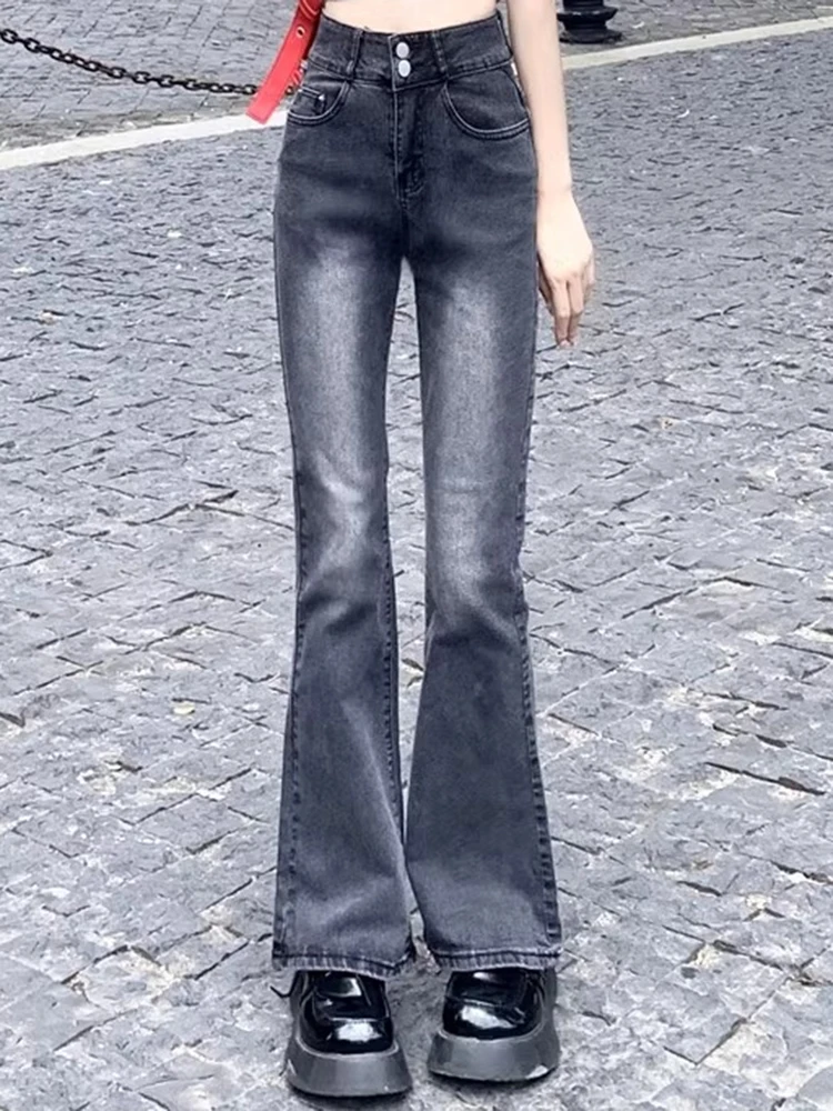 Jeans da donna a vita alta Streetwear con fondo a campana pantaloni da donna Vintage in Denim Flare pantaloni da ragazza gotici Y2k grigi con taglio