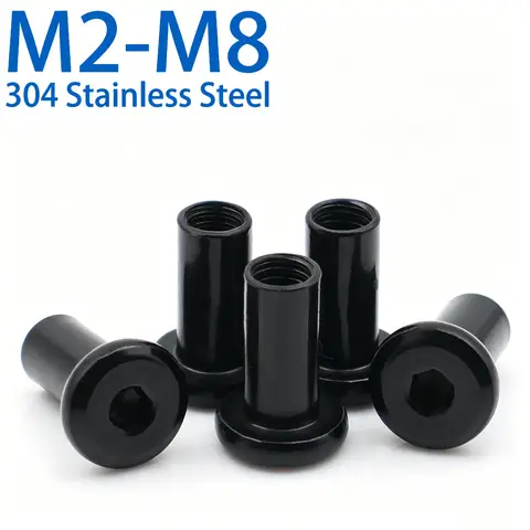 Black Plated 304 Stainless Steel Chamfered Flat Head Hex Socket Barrel Nuts Panel Joint Sleeve Connector M2 M3 M4 M5 M6 M8