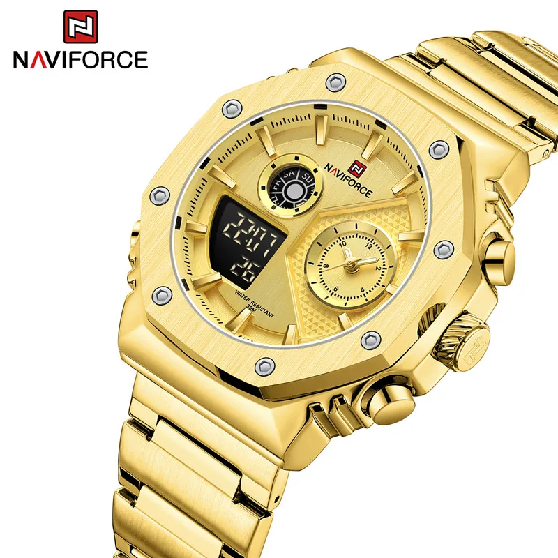 

NAVIFORCE Original Design Men's Watches Stainless Steel Waterproof Male Quartz Wristwatches Luminous Digital Alarm Clock 2023