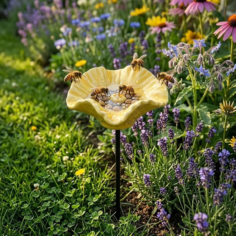 Creative Portable Bee Water Feeder Resin Flower Drinking Fountain Holder Bird Waterer Bird Bath Stand Garden Decoration