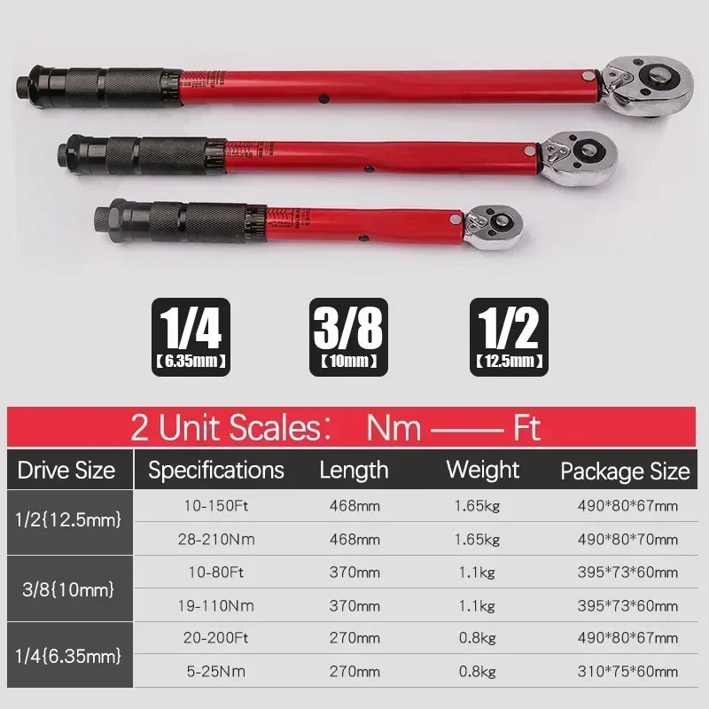 Professional Torque Wrench para reparação de bicicletas, Square Drive, Torques Key, 2-Way Ratchet, carro, bicicleta, automotivo, ferramentas de reparação, 2-210 nm