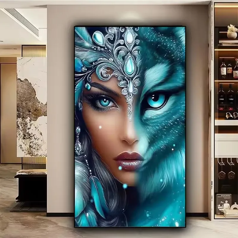 

Turquoise Tiger Woman Face Wolf Diy Diamond Painting Full Square Round Diamond Art Mosaic Jewelry Cross Stitch Christmas Gift