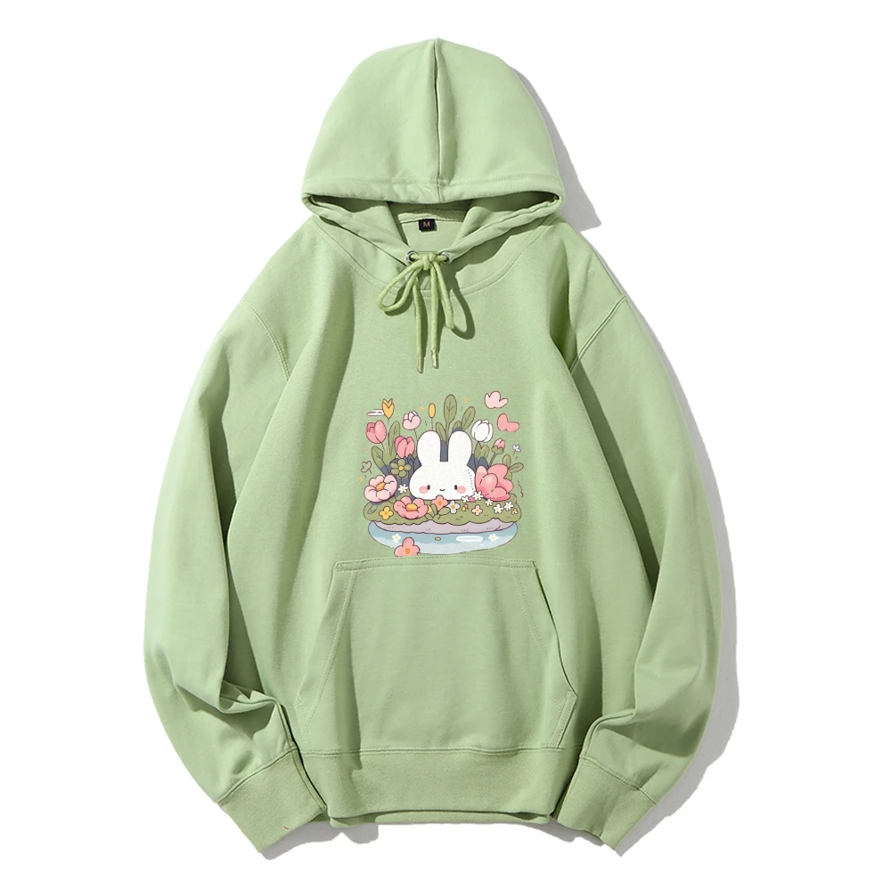 Graphic Hoodie Cute Bunny in Floral Basket Print Sweet Innocent Y2k Design Style Soft Fabric for Lovable Casual Looks