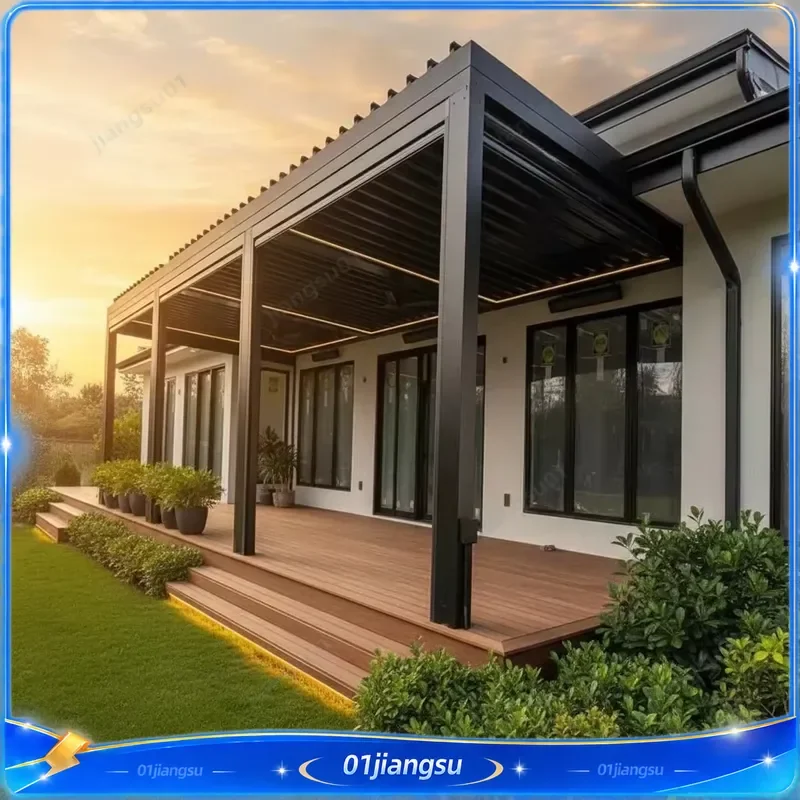 Motorized Aluminum Pergola with Glass Sliding Door LED Lighting Eco Friendly Outdoor Gazebo for Backyard Balcony Terrace